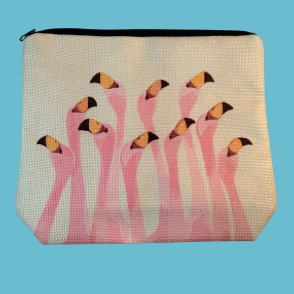 Pink Flamingo Makeup Bag Canvas Zipper Pouch Beachy Tiki Tropical - Picture 1 of 7